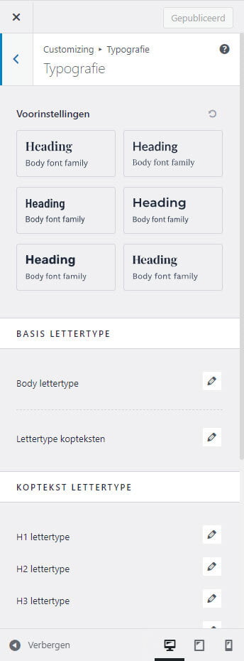 Typografie instellen WordPress Customizer